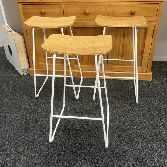 Set of Three Wooden & White Steel Sled Base Bar Stools. H71cm