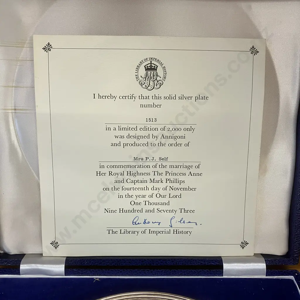 Hallmarked Sterling Silver Plate To Commemorate Princess Anne & Captain Mark Phillips Marriage - Limited 1513/2000 Image 1++