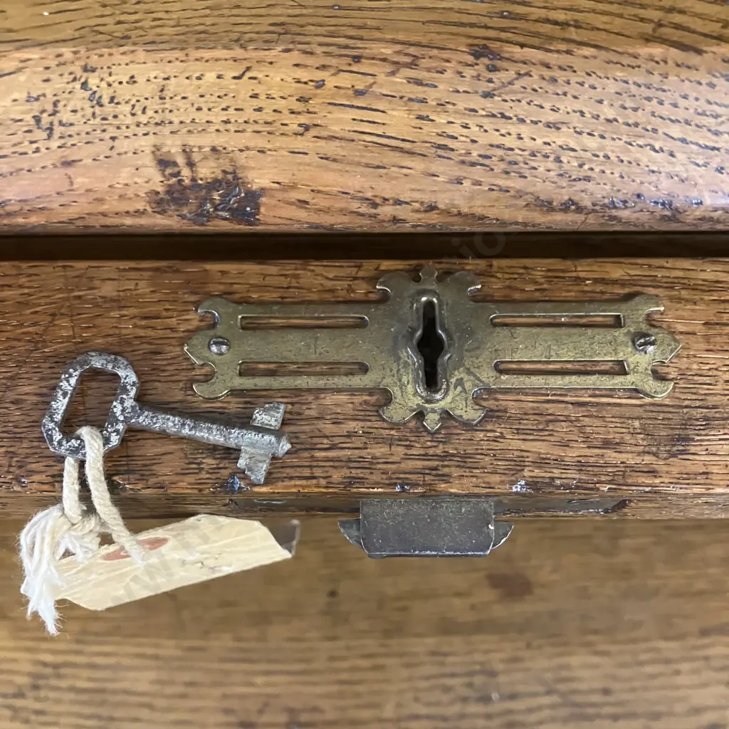 Antique Oak Roll Top Desk, Fitted Pigeon Hole Interior & Book Slides, Fielded Panels, Original Key. H118 W122 D69cm Image 1++