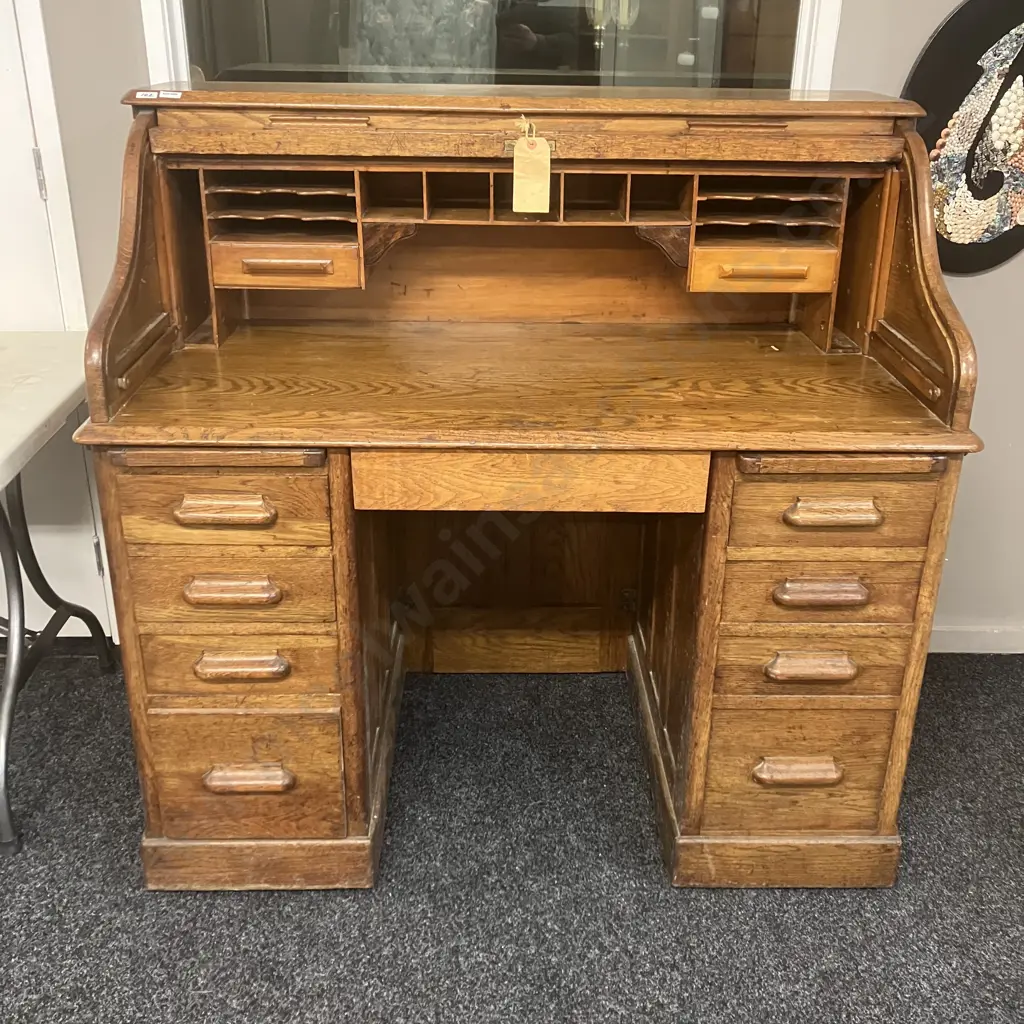 Antique Oak Roll Top Desk, Fitted Pigeon Hole Interior & Book Slides, Fielded Panels, Original Key. H118 W122 D69cm Image 1++