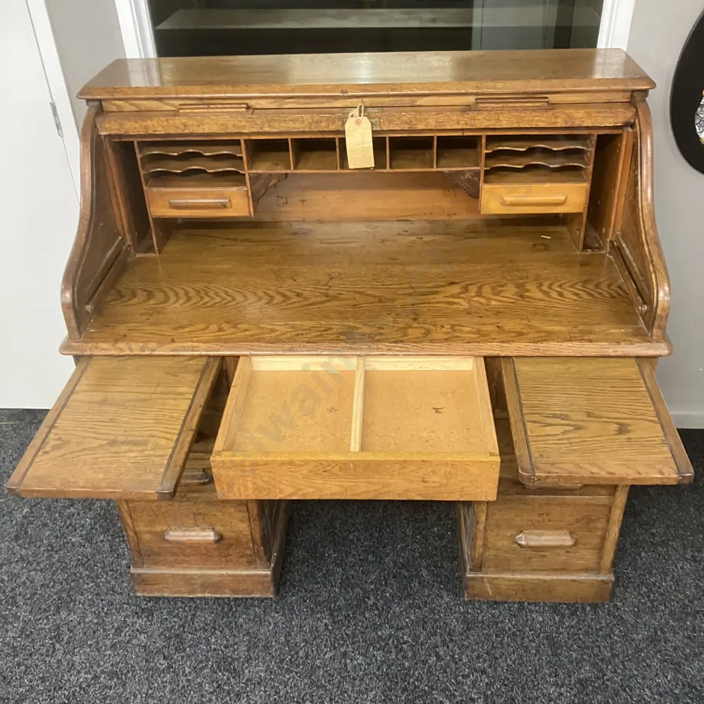 Antique Oak Roll Top Desk, Fitted Pigeon Hole Interior & Book Slides, Fielded Panels, Original Key. H118 W122 D69cm Image 1++