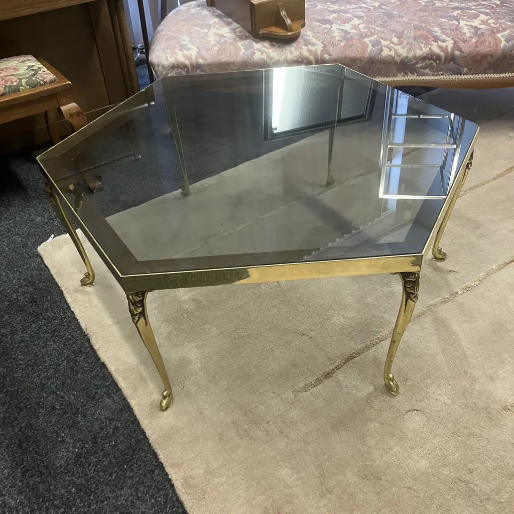 Antique Ornate Brass Hexagonal Coffee Table With Smoked Glass Top. H41 W92 D106cm Image 1++