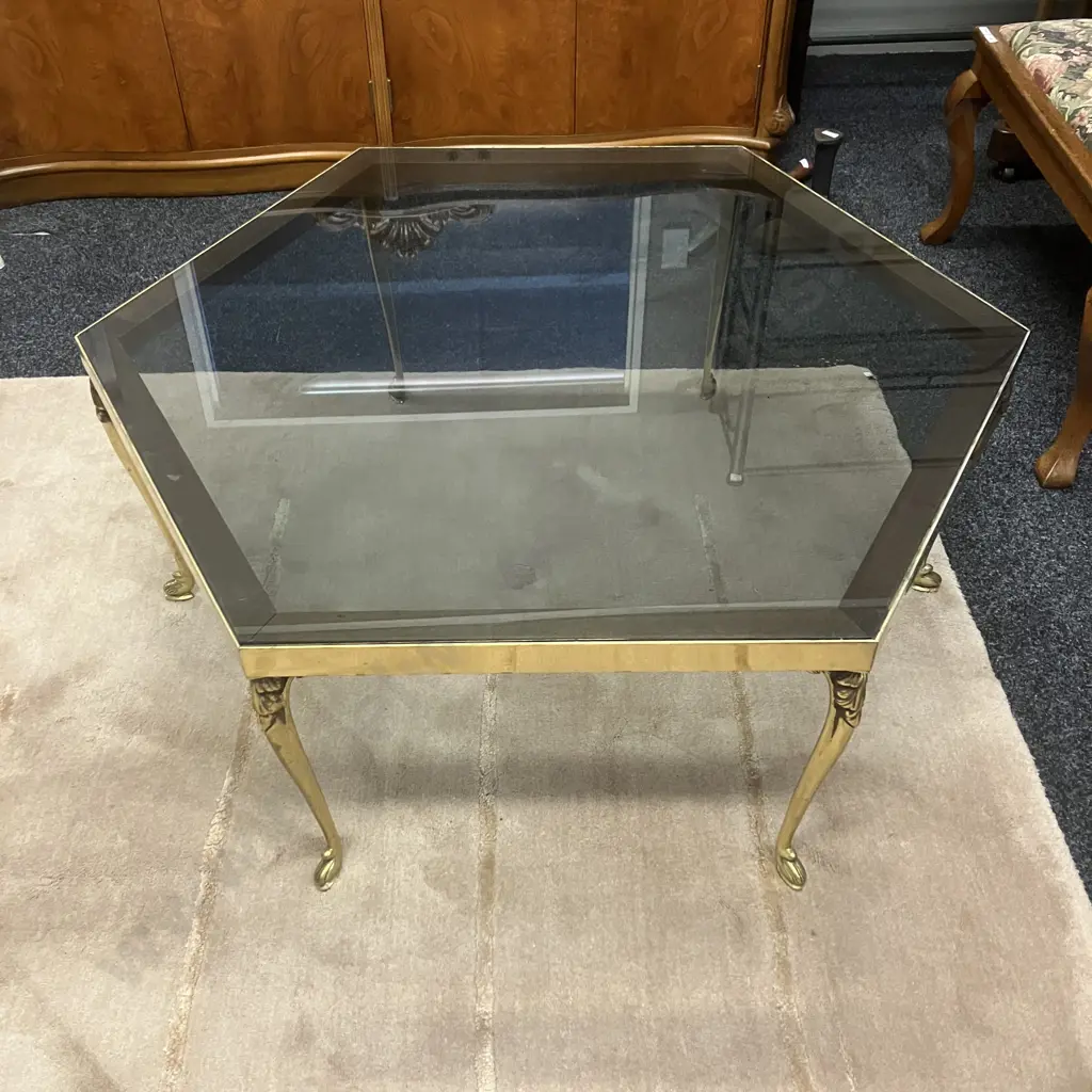 Antique Ornate Brass Hexagonal Coffee Table With Smoked Glass Top. H41 W92 D106cm Image 1++
