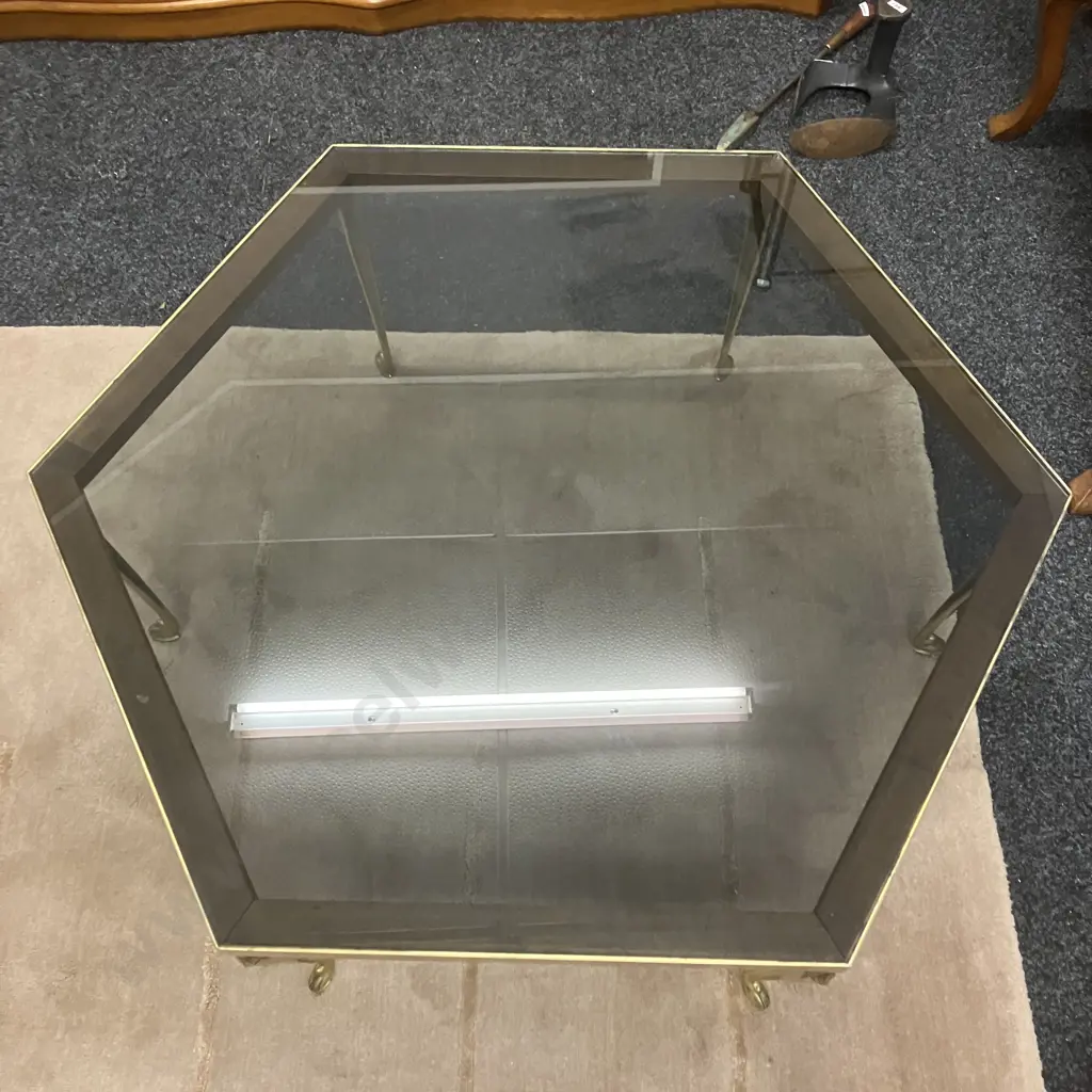 Antique Ornate Brass Hexagonal Coffee Table With Smoked Glass Top. H41 W92 D106cm Image 1++