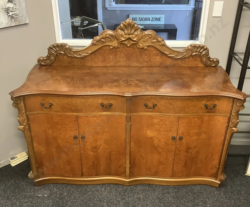 Mahogany & Burr Walnut Veneer Heavily Carved Sideboard, 2 Felt Lined Drawers, 4 Door, Davies ChCh NZ. H130 W170 D60cm Image 1++