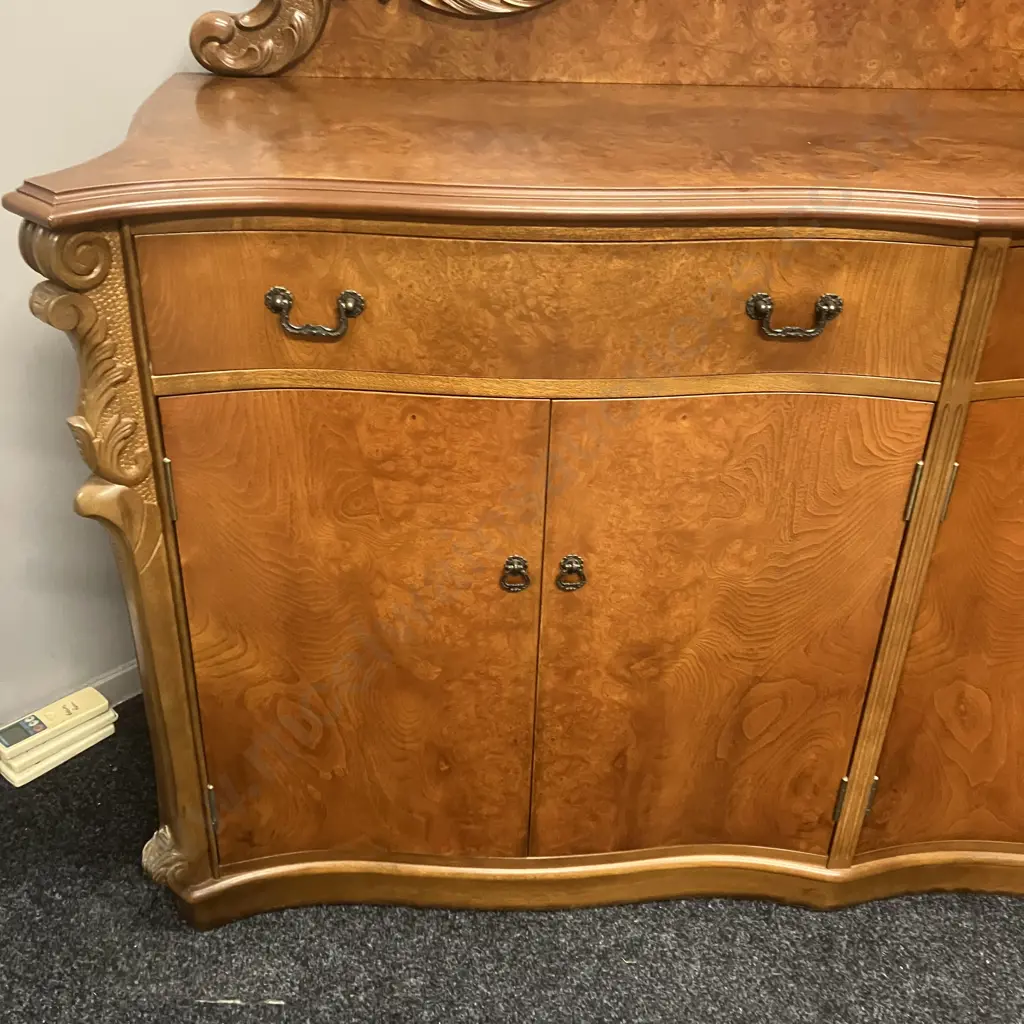 Mahogany & Burr Walnut Veneer Heavily Carved Sideboard, 2 Felt Lined Drawers, 4 Door, Davies ChCh NZ. H130 W170 D60cm Image 1++