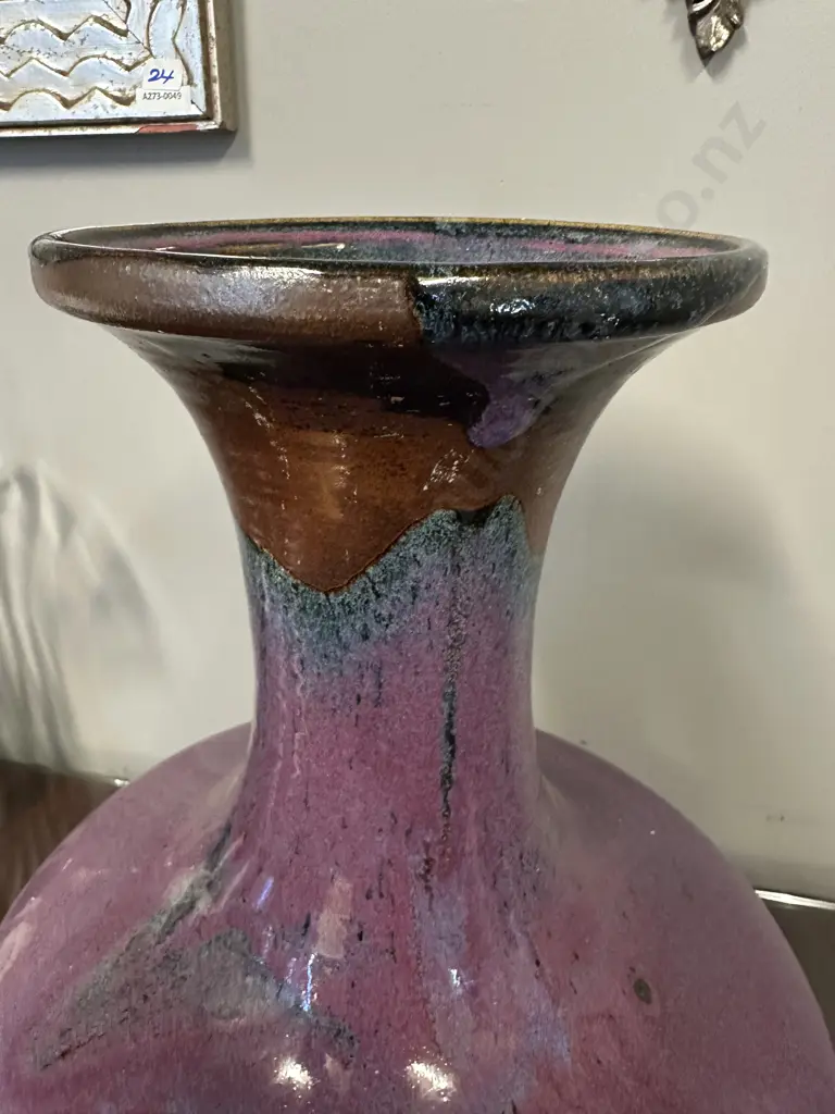 Large Signed Glazed Purple Flecked Vase H42cm. Image 1++