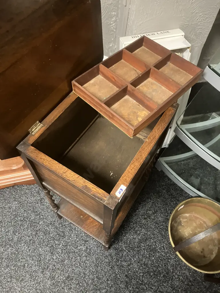 Edwardian Antique Sewing Storage Table, Oak Barley Twist Legs. H67 W45.5 D37.5cm Image 1++