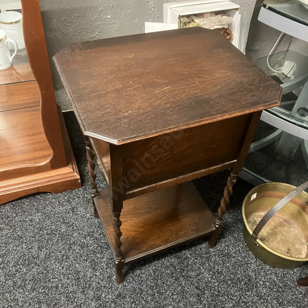 Edwardian Antique Sewing Storage Table, Oak Barley Twist Legs. H67 W45.5 D37.5cm Image 1++