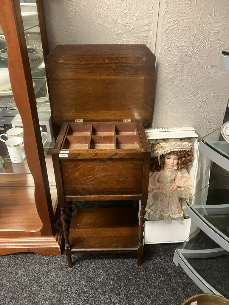 Edwardian Antique Sewing Storage Table, Oak Barley Twist Legs. H67 W45.5 D37.5cm Image 1++