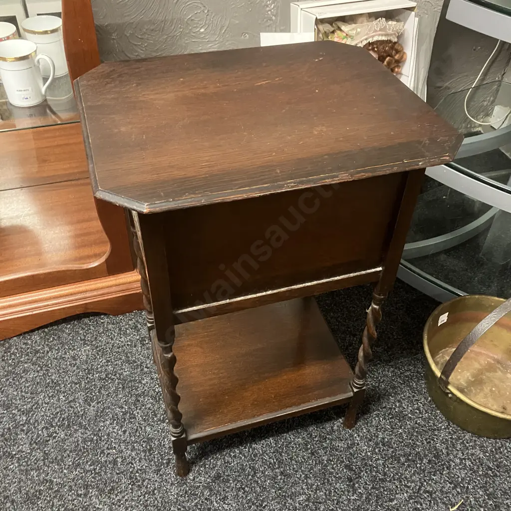 Edwardian Antique Sewing Storage Table, Oak Barley Twist Legs. H67 W45.5 D37.5cm Image 1++
