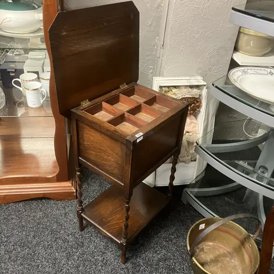 Edwardian Antique Sewing Storage Table, Oak Barley Twist Legs. H67 W45.5 D37.5cm