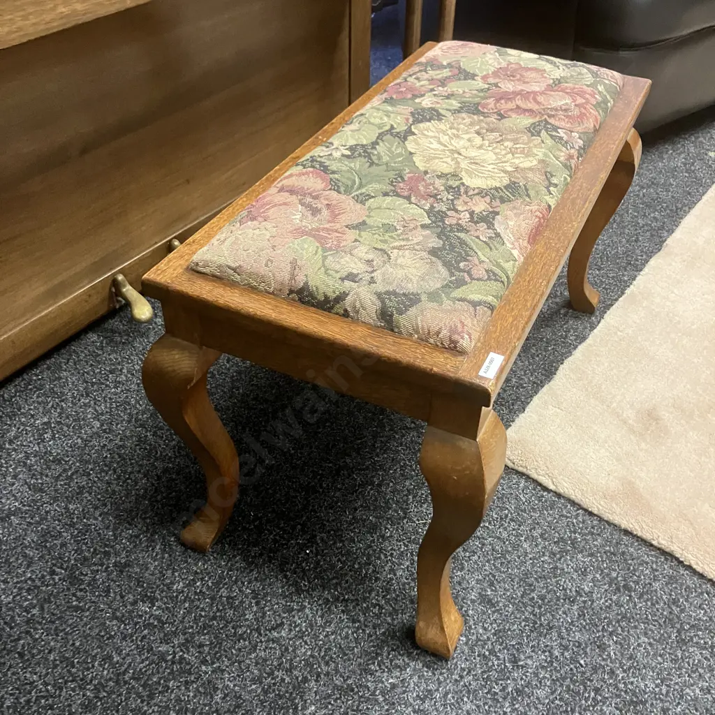 Antique Oak Duet Stool, Floral Tapestry Look Upholstered Seat. H41 W75 D37cm Image 1++