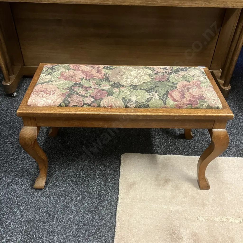 Antique Oak Duet Stool, Floral Tapestry Look Upholstered Seat. H41 W75 D37cm Image 1++