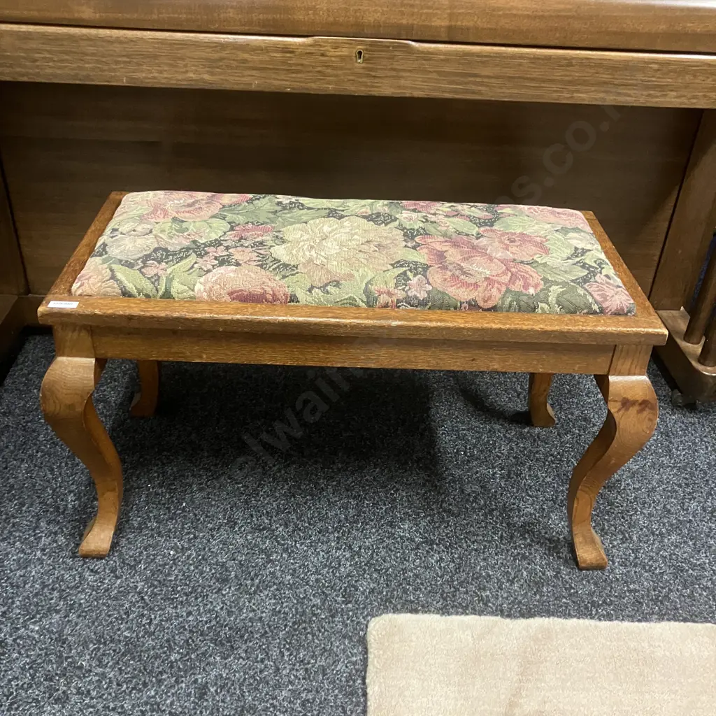 Antique Oak Duet Stool, Floral Tapestry Look Upholstered Seat. H41 W75 D37cm Image 1++