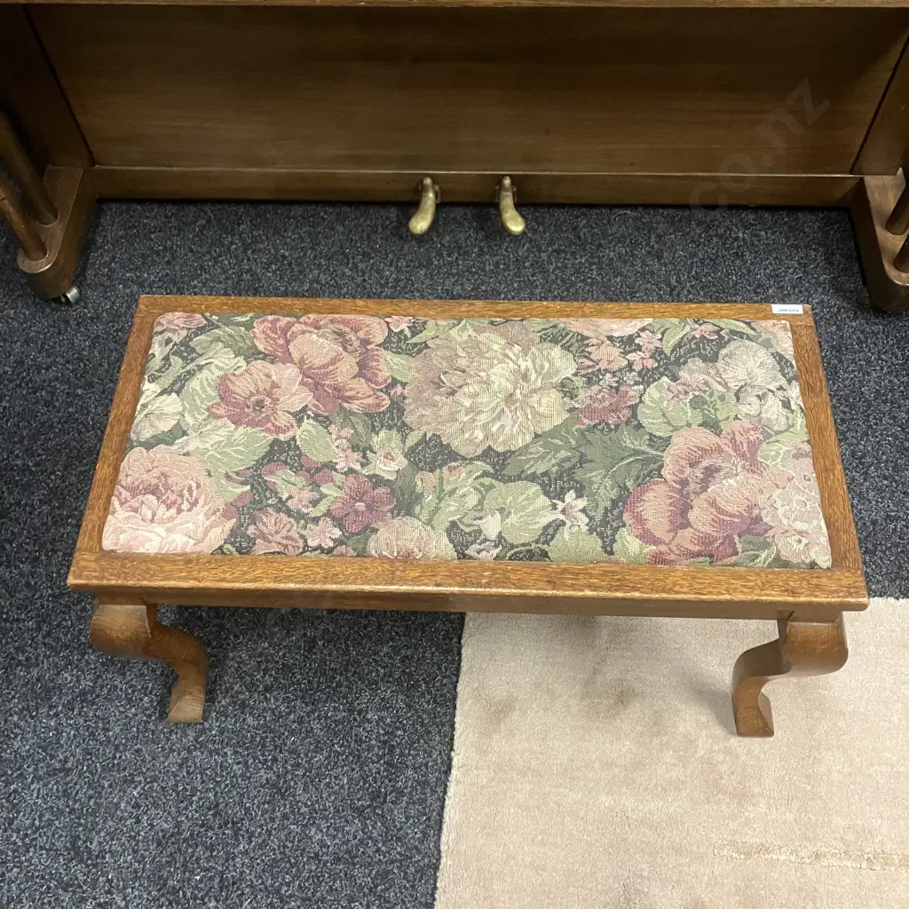 Antique Oak Duet Stool, Floral Tapestry Look Upholstered Seat. H41 W75 D37cm Image 1++