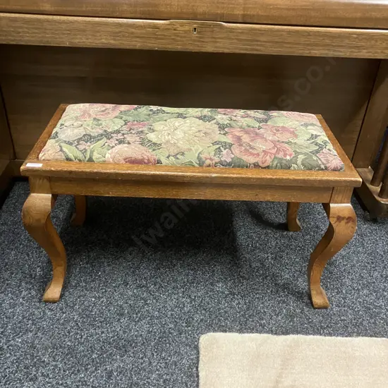 Antique Oak Duet Stool, Floral Tapestry Look Upholstered Seat. H41 W75 D37cm