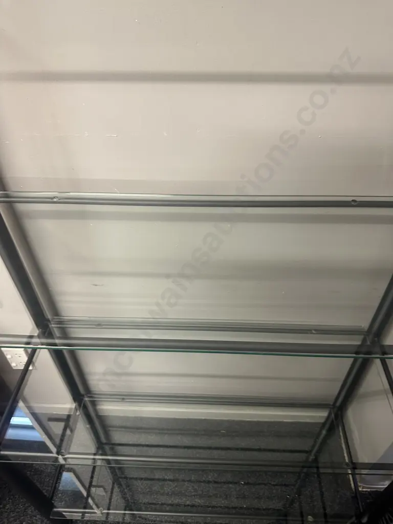 Black Steel Shelf Unit With Five Glass Shelves H184,W94,D44cm. Image 1++