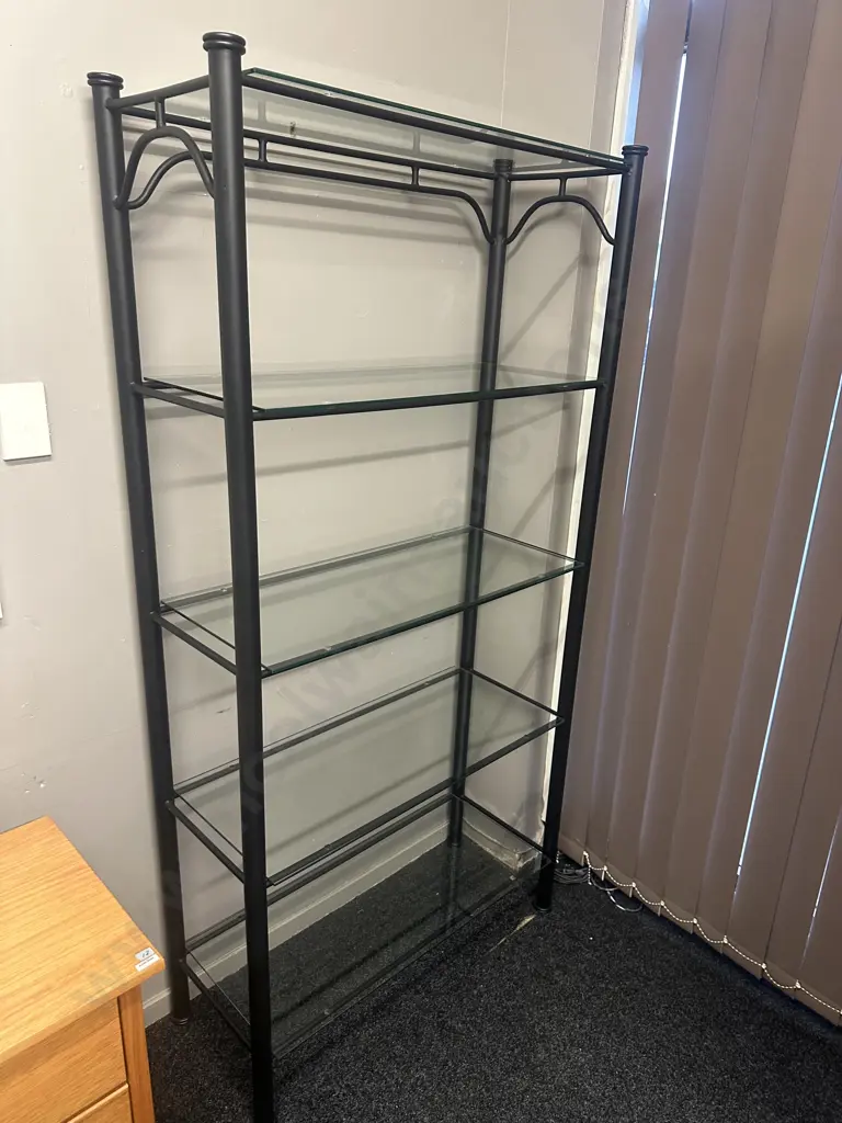 Black Steel Shelf Unit With Five Glass Shelves H184,W94,D44cm. Image 1++