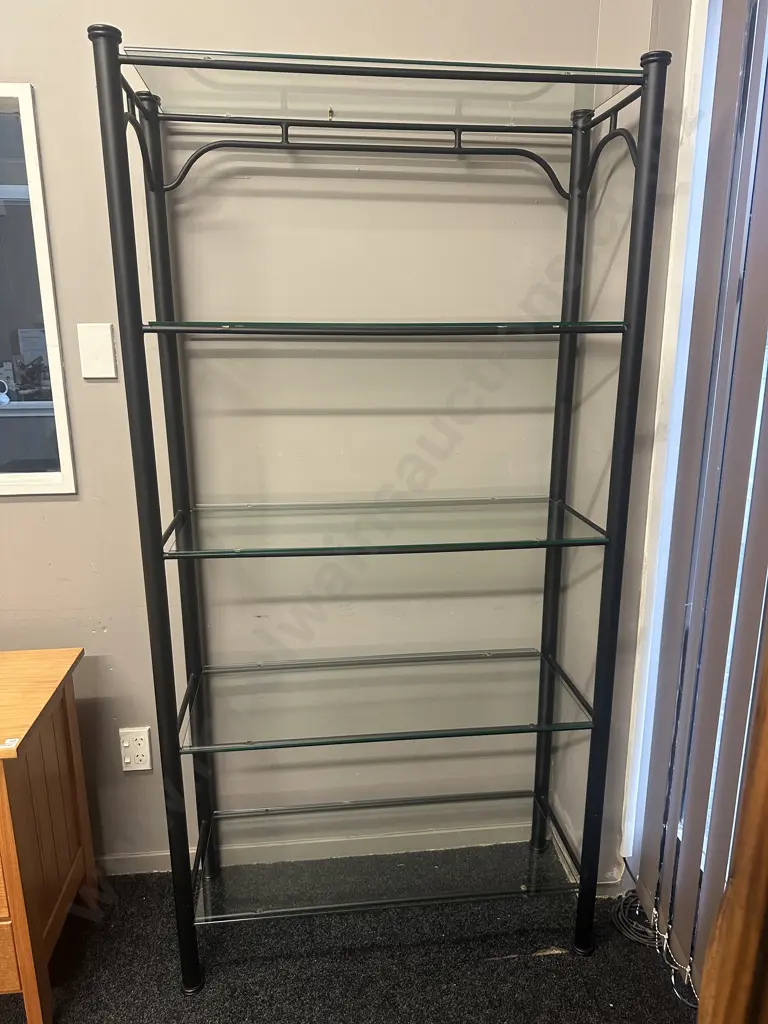 Black Steel Shelf Unit With Five Glass Shelves H184,W94,D44cm. Image 1++