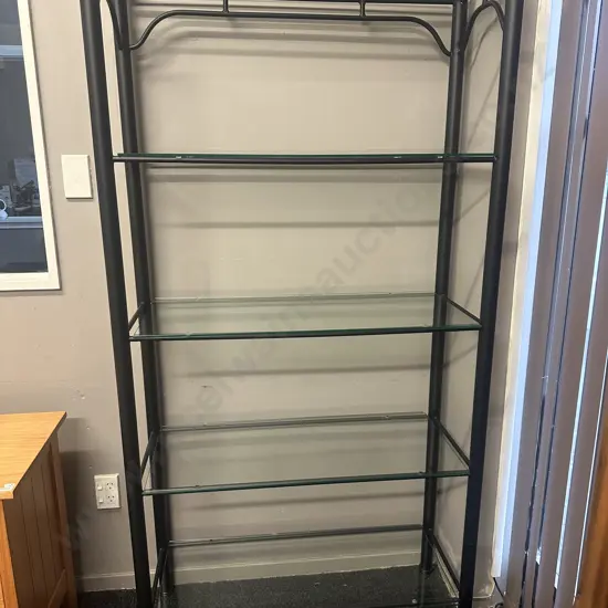 Black Steel Shelf Unit With Five Glass Shelves H184,W94,D44cm.