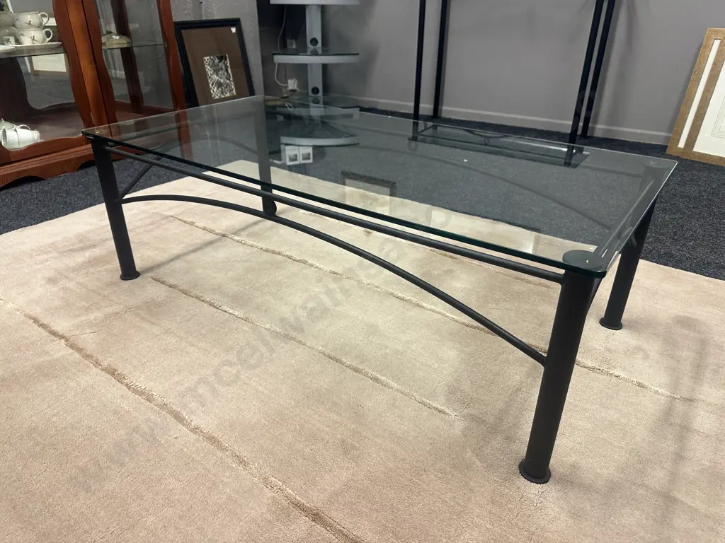 Black Steel Rectangular Coffee Table With Glass Top Small Chip H40,W120,D60cm. Image 1++
