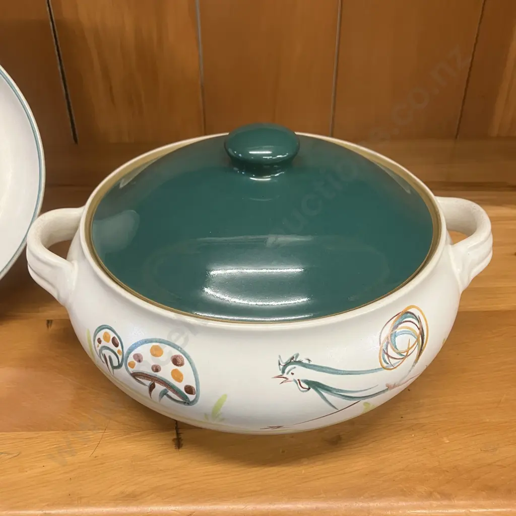 Denby Stoneware Flair Rooster Lidded Casserole Dish & Oval Plate, Signed A Colledge (1918 to 1950) Image 1++