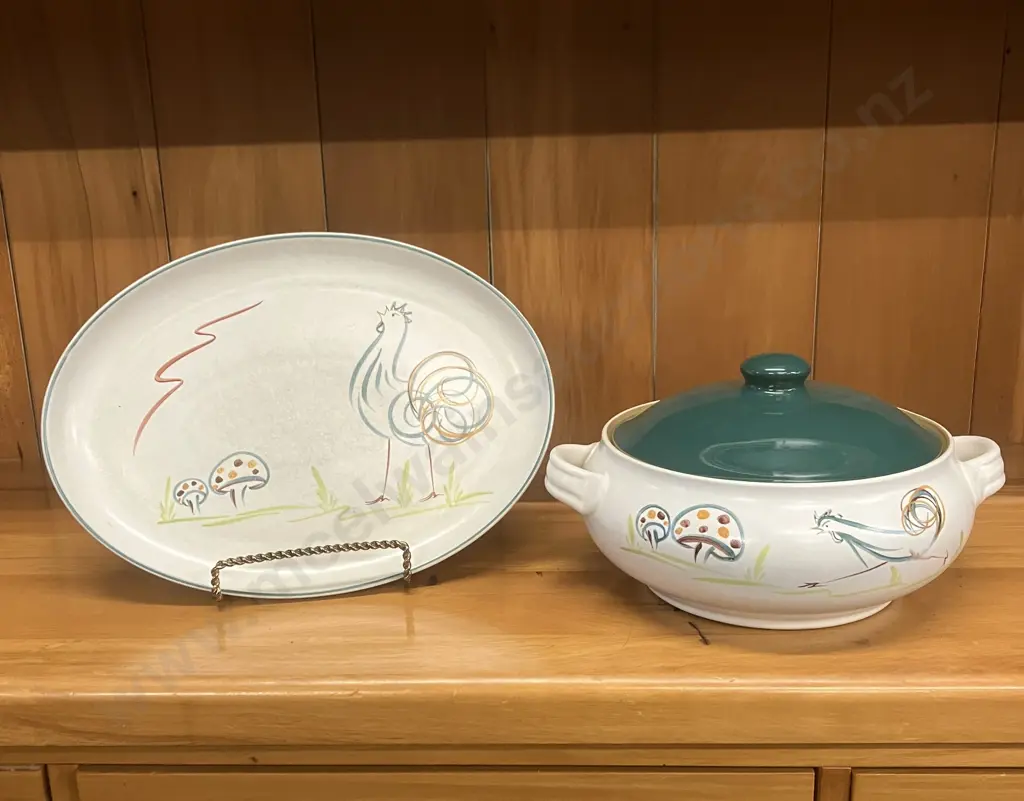 Denby Stoneware Flair Rooster Lidded Casserole Dish & Oval Plate, Signed A Colledge (1918 to 1950) Image 1++