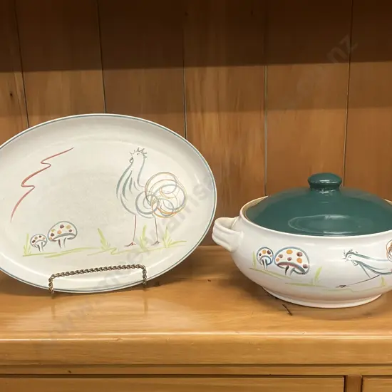 Denby Stoneware Flair Rooster Lidded Casserole Dish & Oval Plate, Signed A Colledge (1918 to 1950)