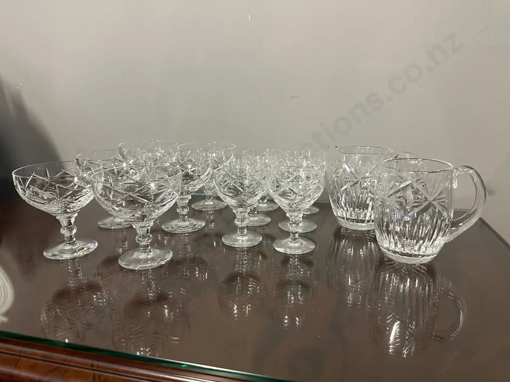 Vintage Crystal Glasses Including Champagne, Sherry & Beer Steins. (1x champagne glass chipped on rim) Image 1++