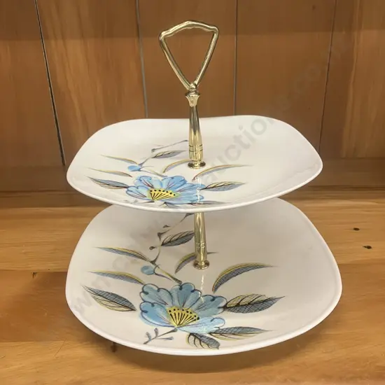 Vintage Kanedai Japan Earthenware Two Tiered Hand Painted Cake Stand. H24cm