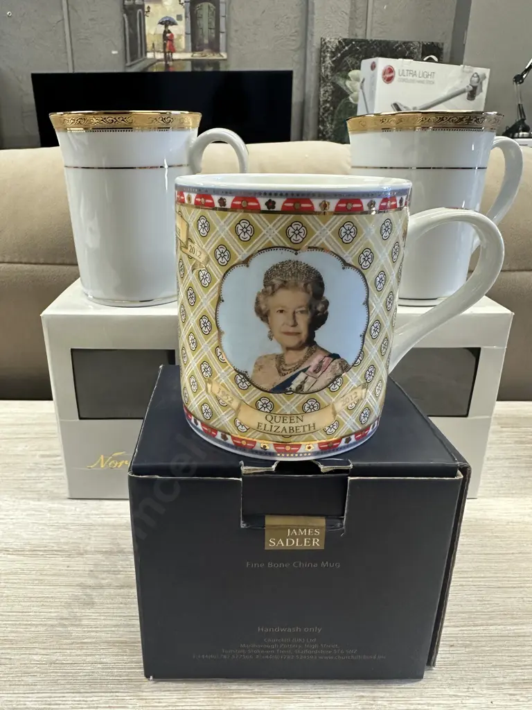 Pair Of New Noritake Mugs & James Sadler Mug To Commemorate 60 Years Of Her Majesty Image 1++
