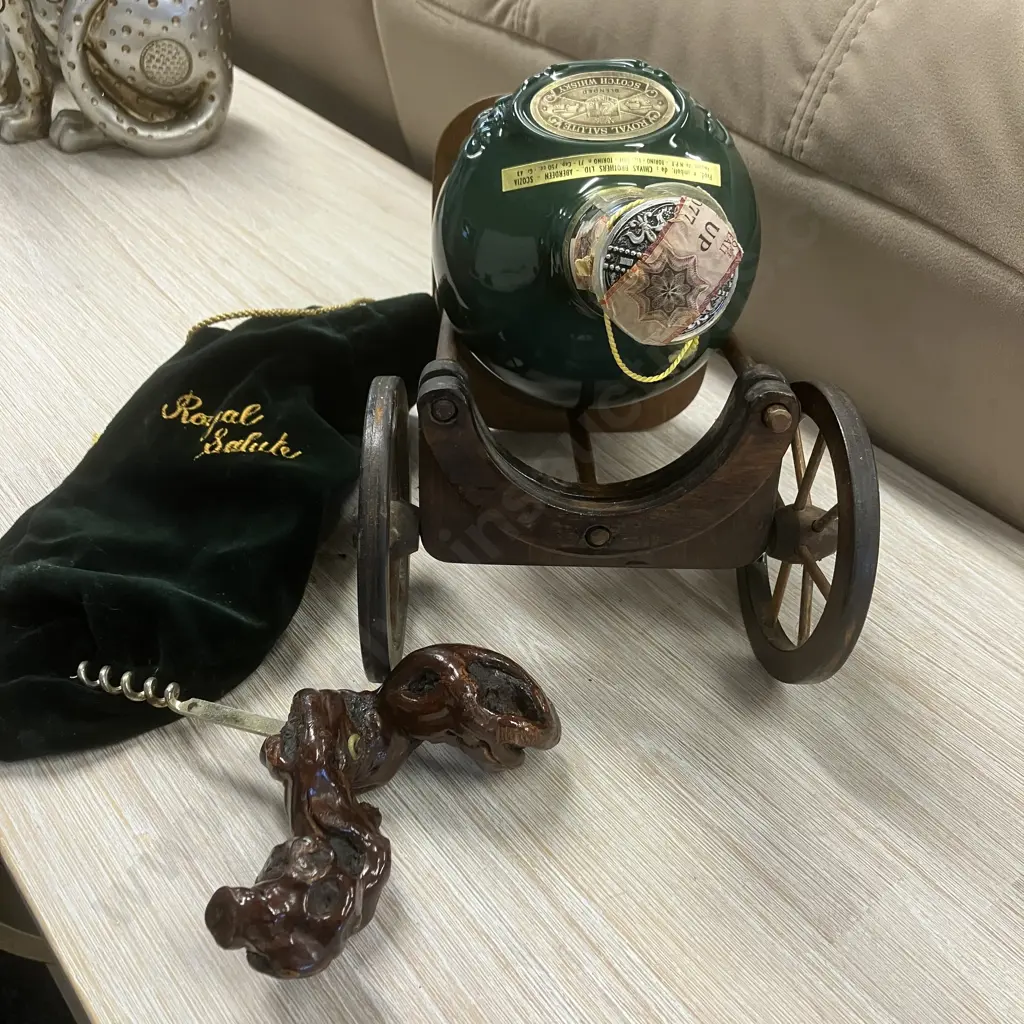 Royal Salute Bottle, Wooden Wheeled Stand, Corkscrew Image 1++