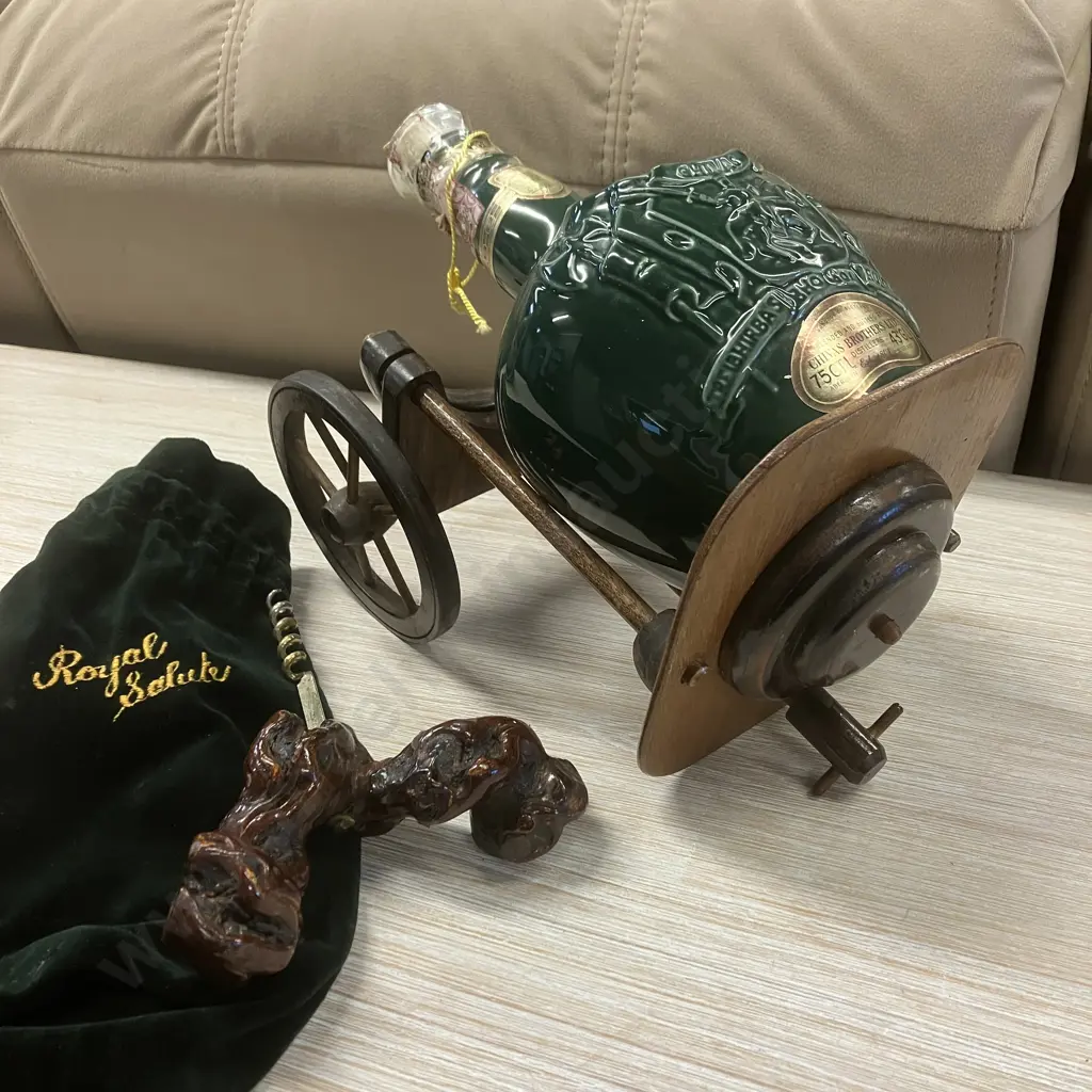 Royal Salute Bottle, Wooden Wheeled Stand, Corkscrew Image 1++