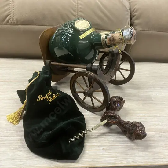 Royal Salute Bottle, Wooden Wheeled Stand, Corkscrew