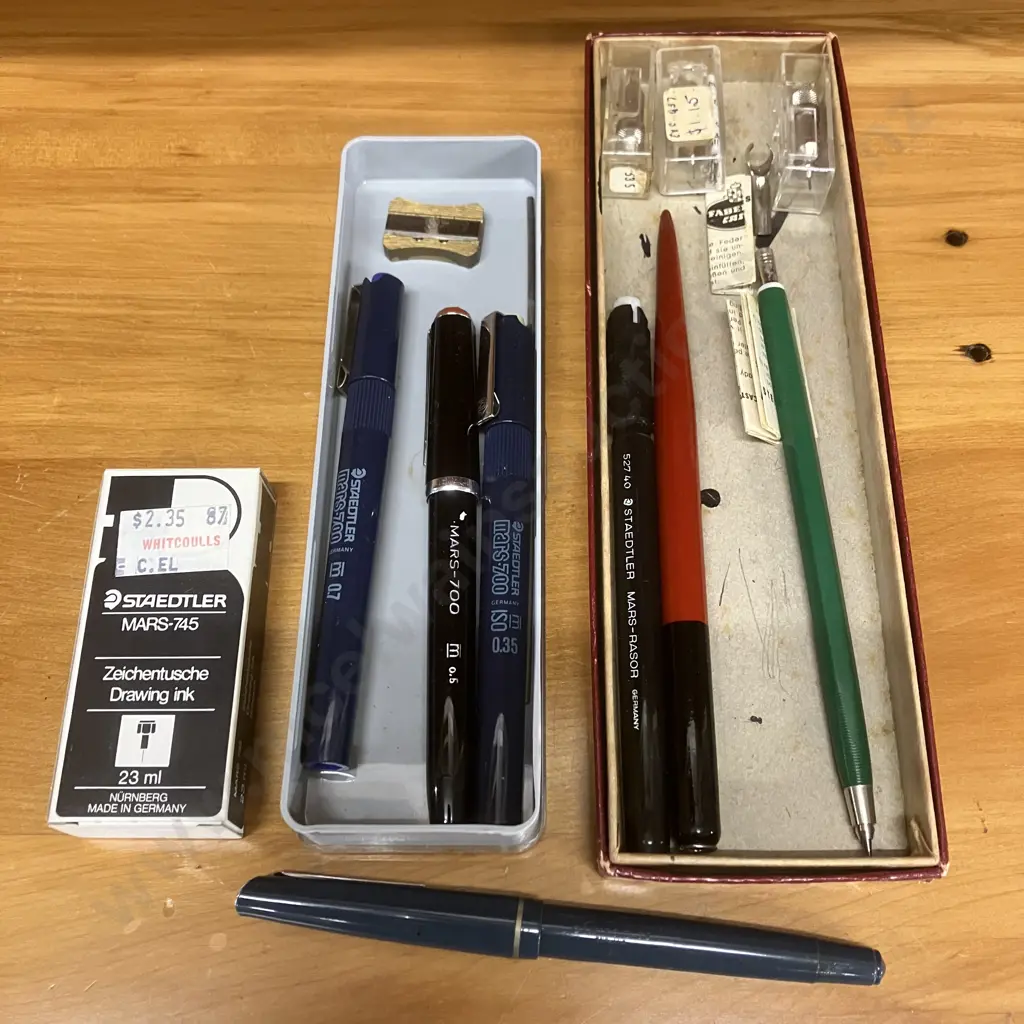 Vintage Osmiroid 75 (England) Fountain Pen & Assorted Staedtler (German) Mars-700 & Mars-Rasor Pens Etc Image 1++