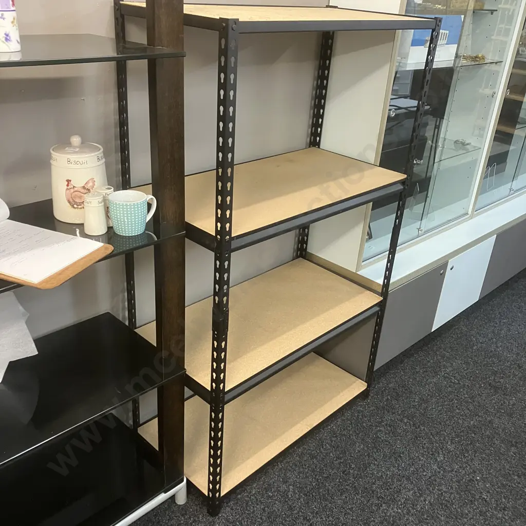 Black Steel Shelf Unit, Wooden Shelves. H153 W91.5 D46cm Image 1++