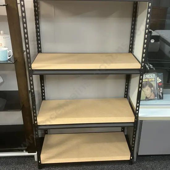 Black Steel Shelf Unit, Wooden Shelves. H153 W91.5 D46cm