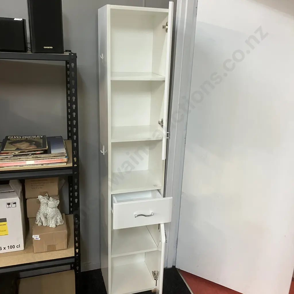 Tall White Freestanding Bathroom Cabinet, 2 Door, 1 Drawer, Chrome Wave Handles. H176 W34 D32cm Image 1++