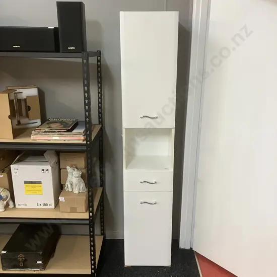 Tall White Freestanding Bathroom Cabinet, 2 Door, 1 Drawer, Chrome Wave Handles. H176 W34 D32cm