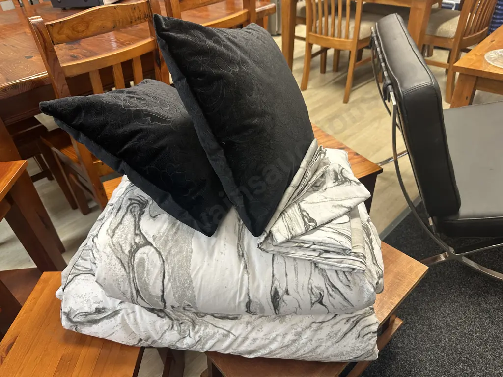 Pair Of Single Black/Grey/White Duvet Covers, Inners, Pillow Cases & Black Cushions Image 1++