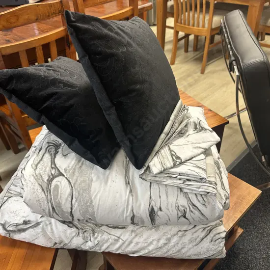 Pair Of Single Black/Grey/White Duvet Covers, Inners, Pillow Cases & Black Cushions