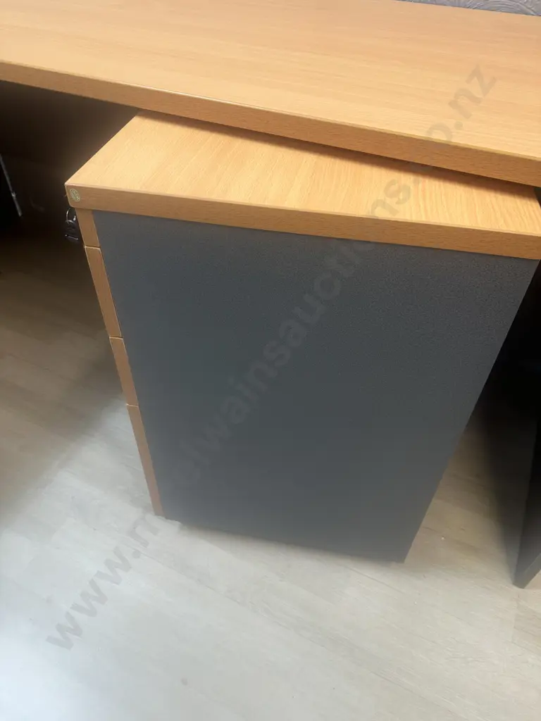 Tawa & Grey Corner Desk With Three Door Mobile Filer & Key Image 1++