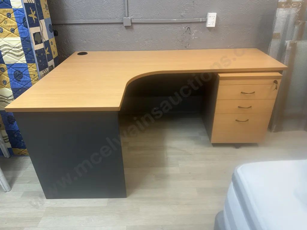 Tawa & Grey Corner Desk With Three Door Mobile Filer & Key Image 1++