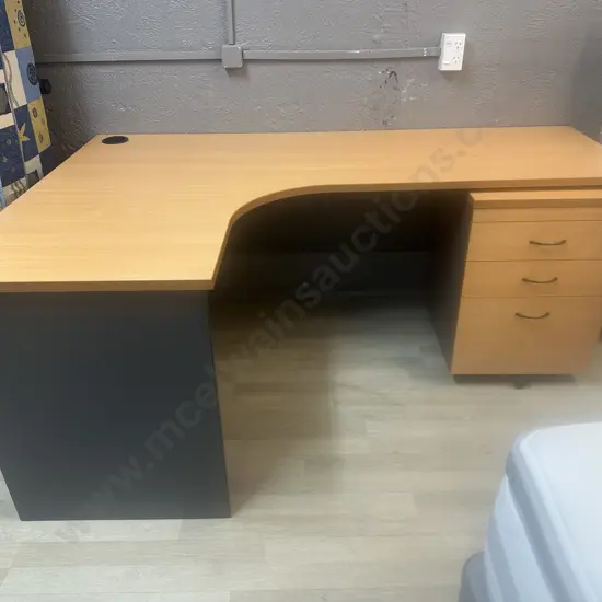 Tawa & Grey Corner Desk With Three Door Mobile Filer & Key