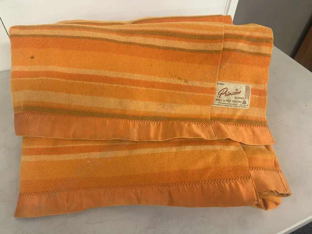 Pair Of Vintage Onehunga Princess Blankets Double Size (as found condition) Orange Tones  Image 1++