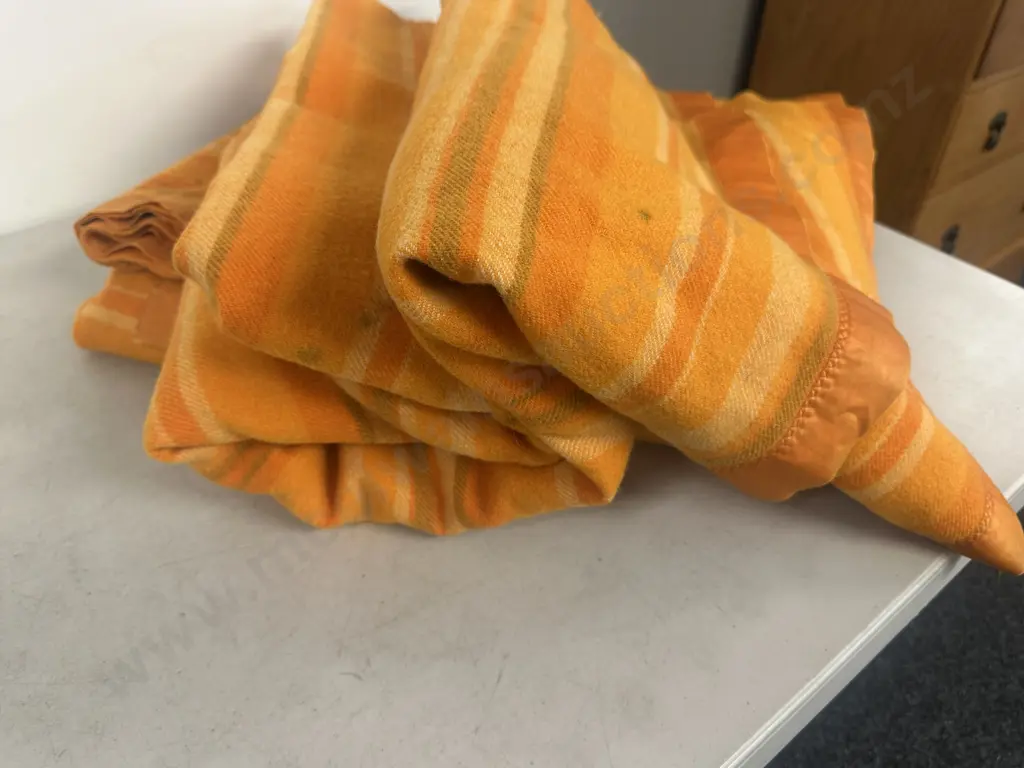 Pair Of Vintage Onehunga Princess Blankets Double Size (as found condition) Orange Tones  Image 1++