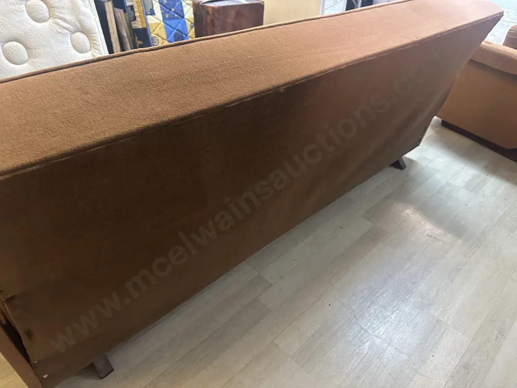 Mid Century Lounge Suite - Oak Armed Brown Draylon Sofa Bed With Two Reclining Armchairs Image 1++