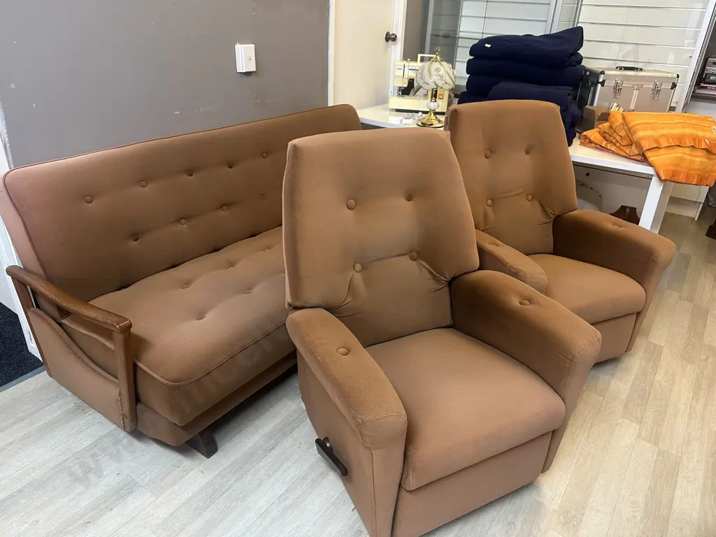 Mid Century Lounge Suite - Oak Armed Brown Draylon Sofa Bed With Two Reclining Armchairs Image 1++