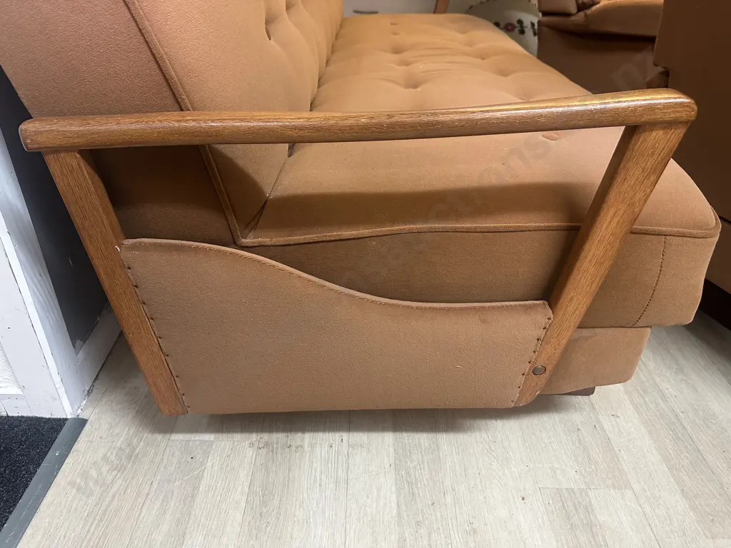 Mid Century Lounge Suite - Oak Armed Brown Draylon Sofa Bed With Two Reclining Armchairs Image 1++